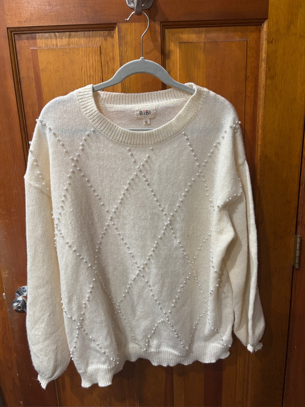 BIBI Cream Pearl-Embellished Diamond Knit Sweater